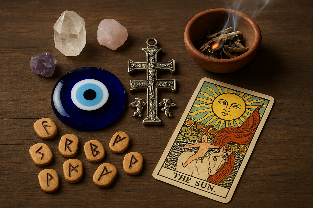 amulet, cruzes e cristais místicos